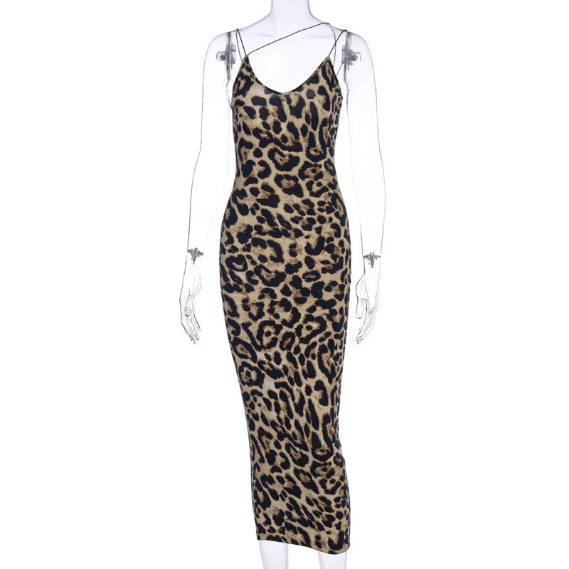 Leopard Print Sleeveless V-neck Spring Christmas Outfits Midi Dresses