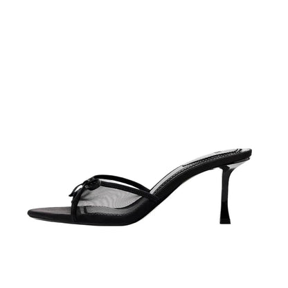 New Women's Bow Decorated High-heeled Mesh Sandals Low Heel Pumps