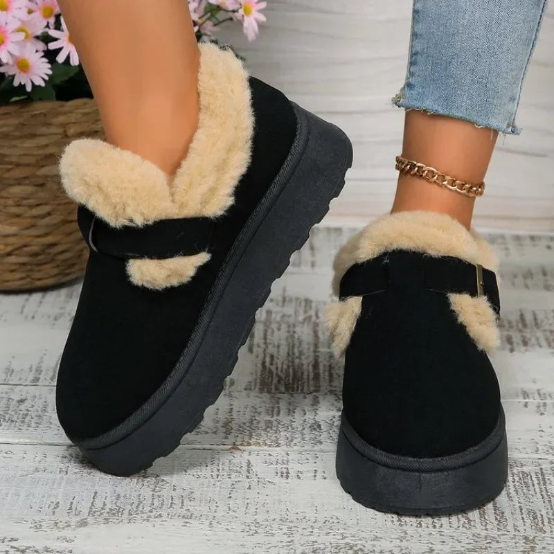 2024Fashion Plush Flat Shoes Women Suede Round Toe Solid Color Women Snow Boots Warm Flat Non-slip Women Ankle Boots Botas Mu