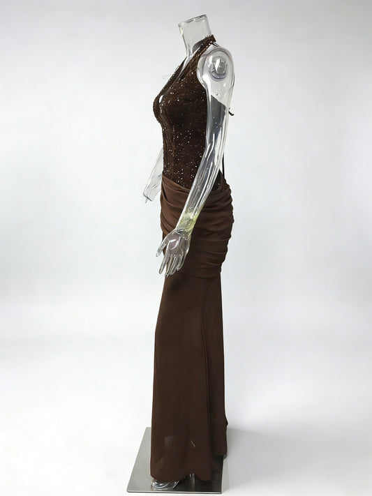 Sequined Halter Neck Mermaid Evening Gown With Ruched Waist Detail For Women 2026