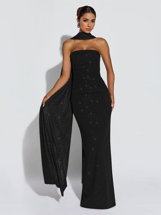 Glitter Tube Maxi Dress For Women - Sexy Backless Long Bodycon Gown With Scarf - Summer Evening Formal 2026