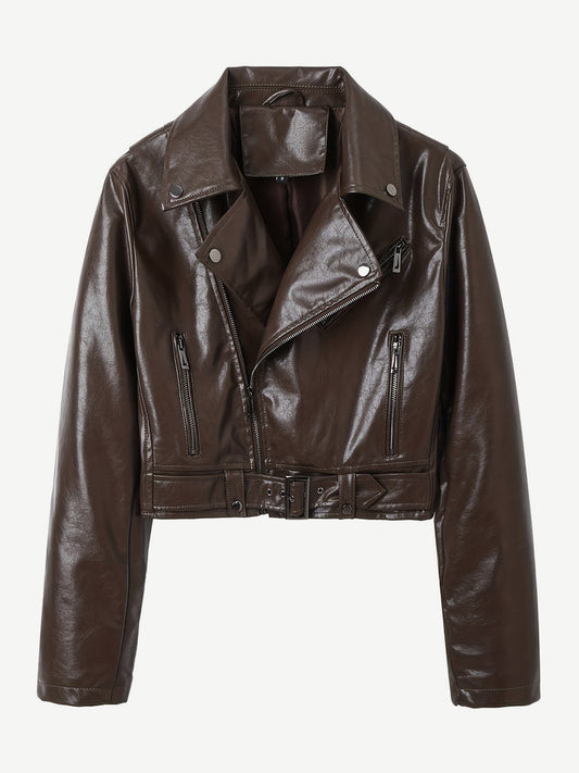 Brown Cropped Moto Leather Jacket Lapel Zip Belted Slim Biker Outerwear