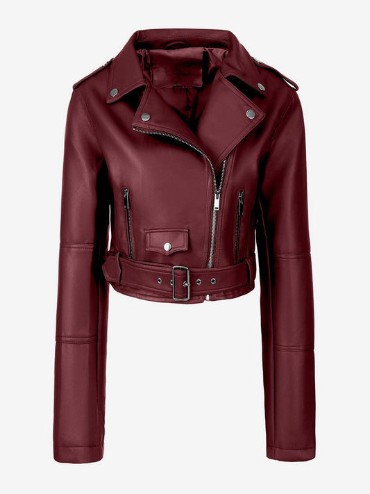 Multi Color Cropped Moto Jacket Lapel Diagonal Zip Waist Belt Faux Leather Outerwear