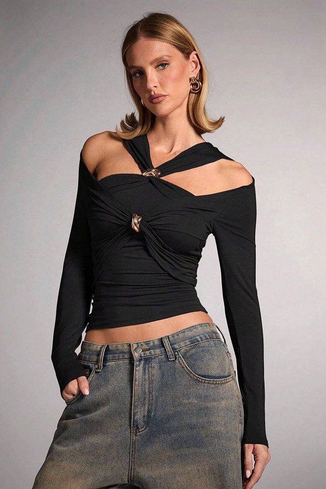 Printed Slim Fitted Crew Neck Cropped Long Sleeve Crop Top