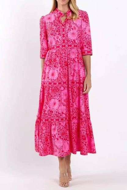 Bohemian Floral Print Stand Collar Elbow‑Sleeve Tiered Maxi Dress