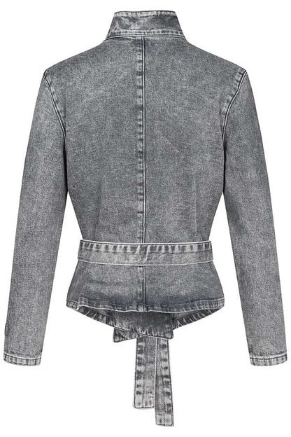 Casual Meetup Denim Stand Neck Long Sleeve Belted Loose Jacket