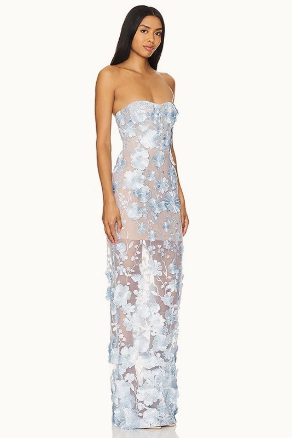 Elegant Strapless 3D Floral Embroidery Floral Dress
