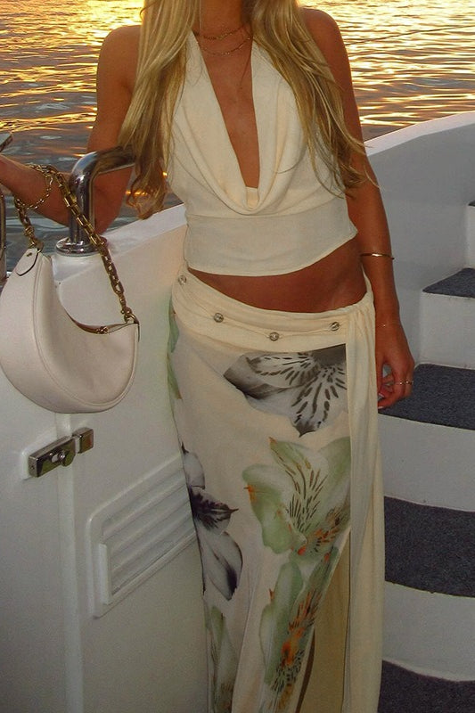 Elegant Halter Wrap Back Mesh Floral Slit Maxi Skirt Set