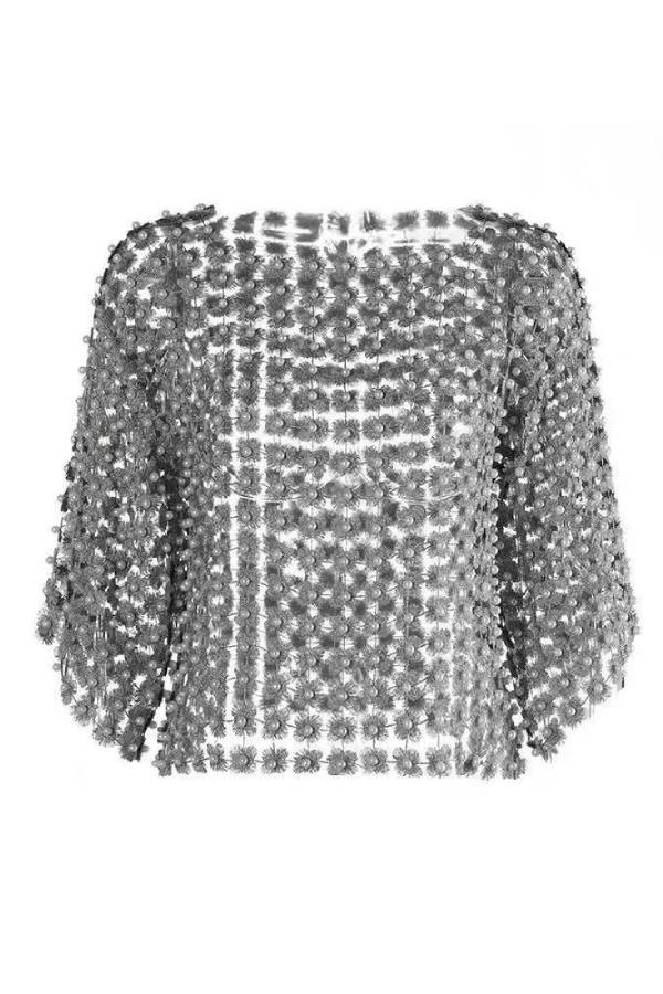 3D Flower Pearl Embellished Mesh Cover-Up Top