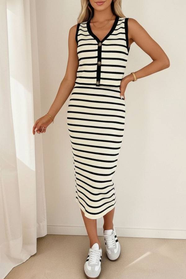 Striped Knit Sleeveless Top & High-Waisted Skirt Two-Piece Set