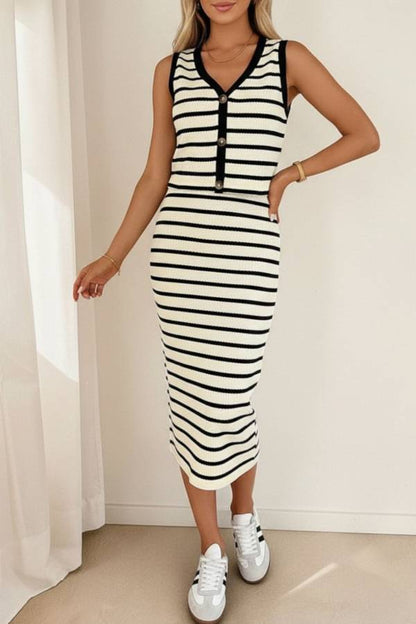 Striped Knit Sleeveless Top & High-Waisted Skirt Two-Piece Set