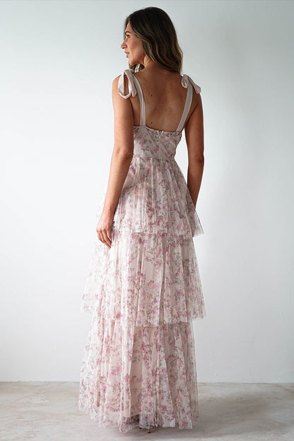 Pink Backless Strap Tiered Floral Dress