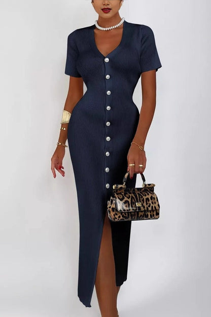 V-Neck Ribbed Knit Pearl Button Short Sleeve Bodycon Midi Sweater Dress