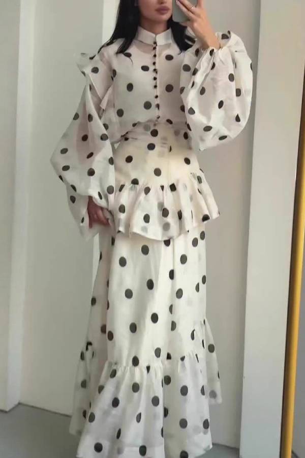 Polka Dot High-Neck Puff-Sleeve Tiered Maxi Dress