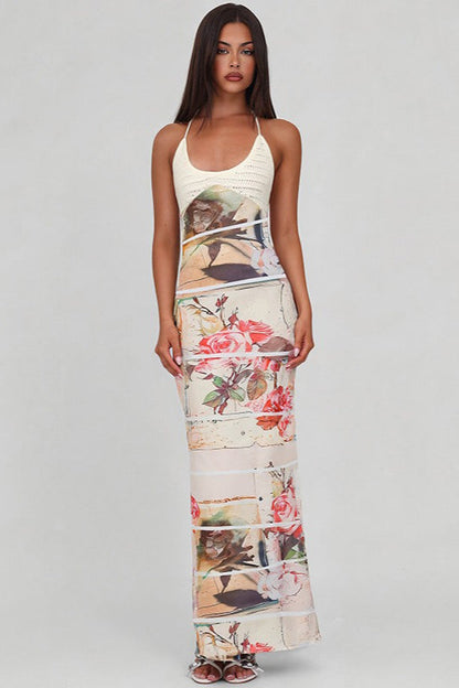 Printed Halter Patchwork Knit Slim Long Floral Dress