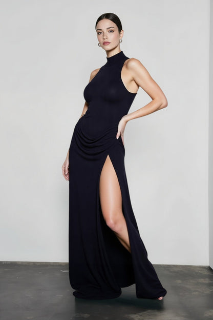 Mock Neck Sleeveless Draped Ruched Hip High Split Maxi Gown