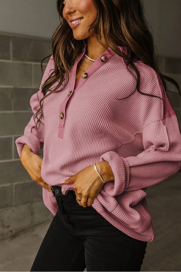 Smoke Green Waffle Patchwork Drop Sleeve Henley Top