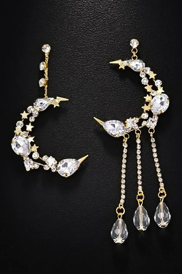 Rhinestone-Embellished Moon and Tassel Drop Earrings