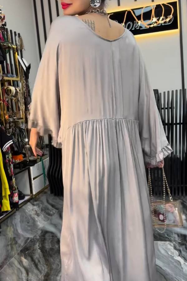 Satin V Neck Ruffle Lantern Sleeve Ruched Flowy Maxi Dress