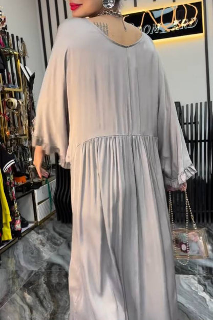 Satin V Neck Ruffle Lantern Sleeve Ruched Flowy Maxi Dress
