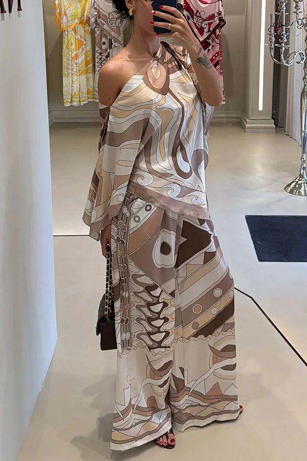 Luxe Resort Satin Unique Print Cape-style Top and Elastic Waist Pocket Wide Leg Pants Set