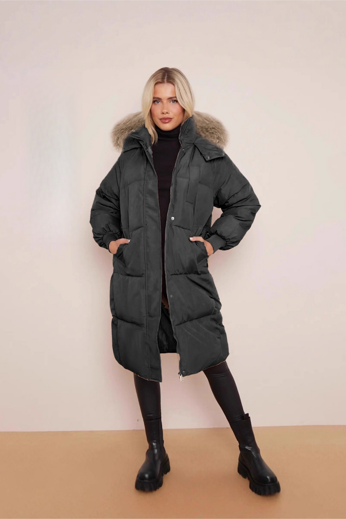 Thick Padded Hooded Mid-Length Winter Overcoat