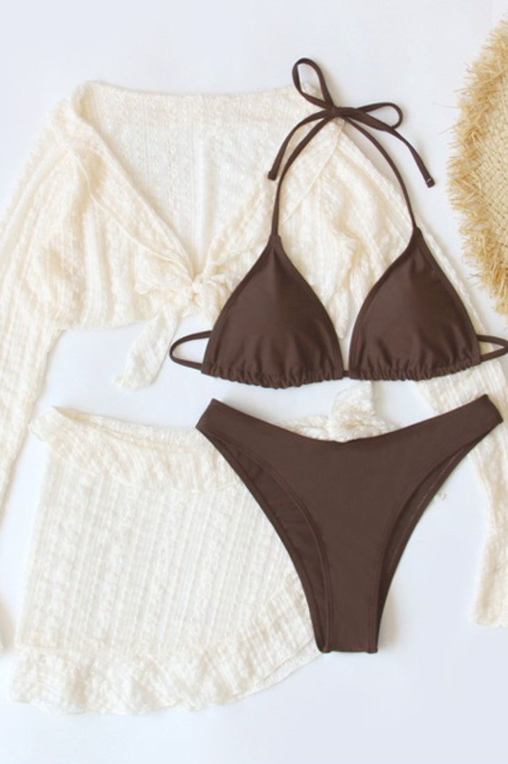 Long Sleeve Strappy Beach Four Piece Swim Set