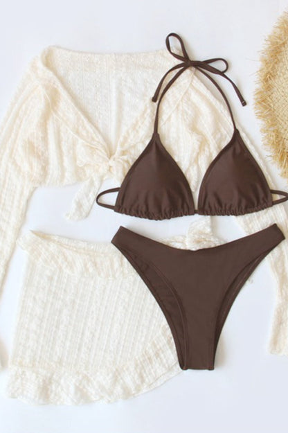 Long Sleeve Strappy Beach Four Piece Swim Set