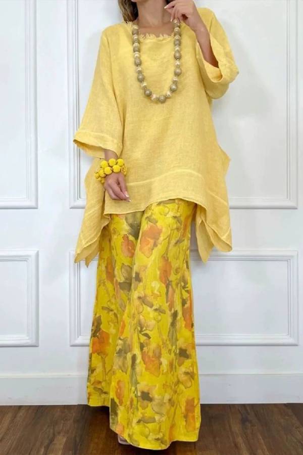 Raw Edge Neck Irregular Linen Top & Ink Floral Wide Leg Pants Set