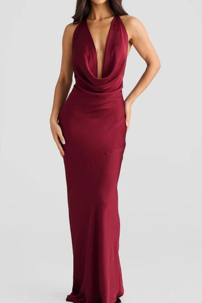 Sleeveless Halter Draped Neck Solid Satin Slim Formal Dress