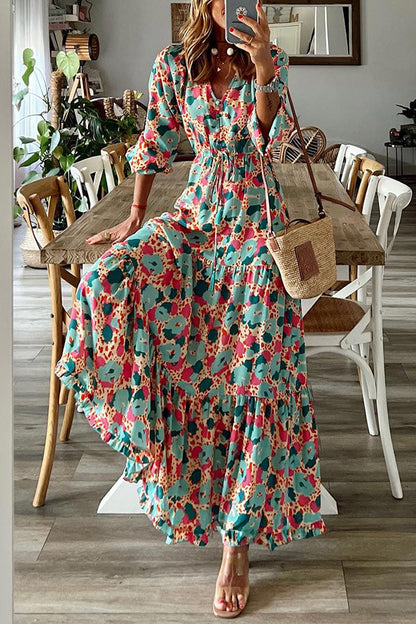 Abstract Floral Print Drawstring Waist Tiered Blouson Sleeve Maxi Dress