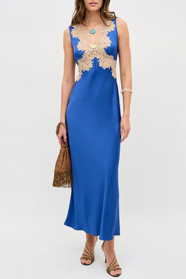 A Little Sultry Satin Floral Lace Trim V-neck Sleeveless Drape Maxi Dress
