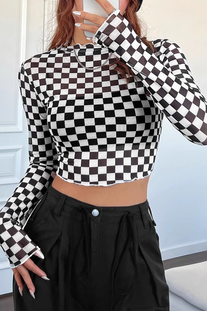 Checkerboard Mesh Mock Neck Slim Long Sleeve Crop Top