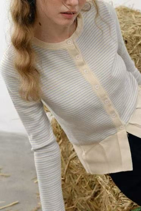 Pleated Hem Stripe Knit Cardigan