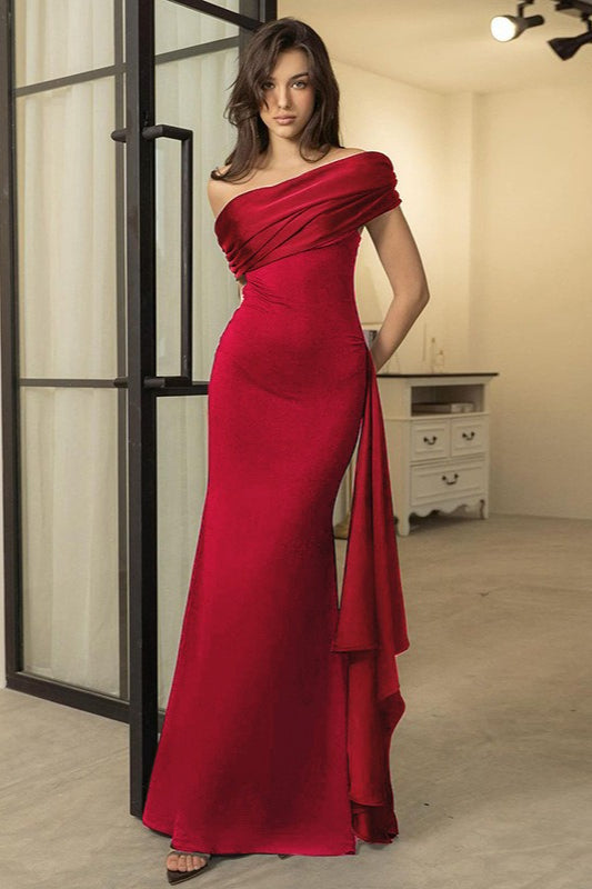 Elegant One-Shoulder Tulle Sash Slim Fit Black Long Formal Dress