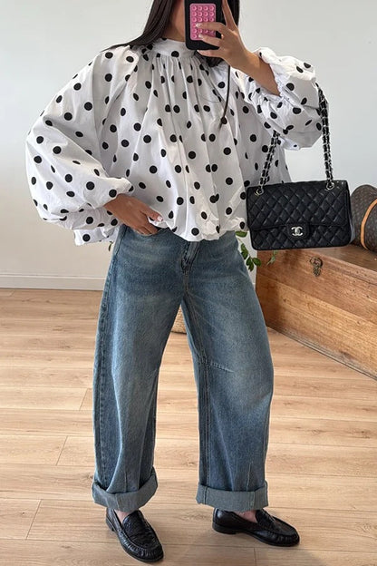 Issie Polka Dot Print Turtleneck Knotted Balloon Sleeve Back Slit Loose Blouse