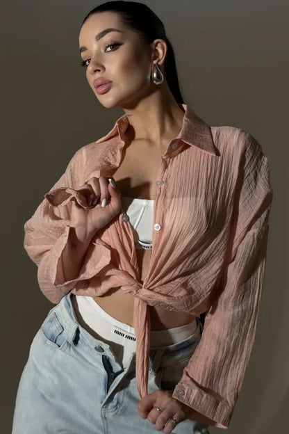 Solid Button-Down Collar Lightweight Casual Chic Blouse