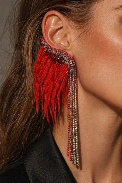 Feather Tassel Rhinestone Earrings