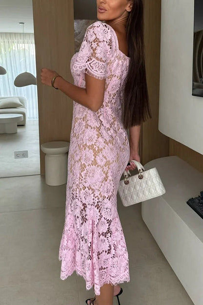 Jodie Flower Lace Sweet Heart Neck Short Sleeve Fishtail Midi Dress
