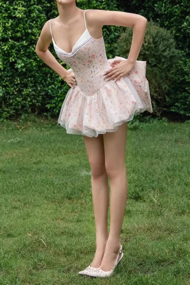 Ruched Corset Bow A Line Mini Floral Dress