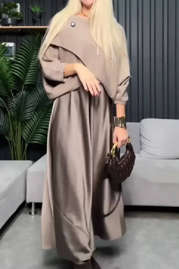Layered Knit Collar Satin Faux Two Piece Midi Dress Elegant Swing Long Dress