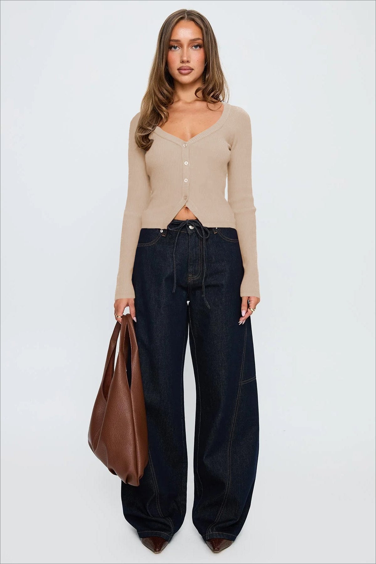 Ribbed V Neck Button Cardigan