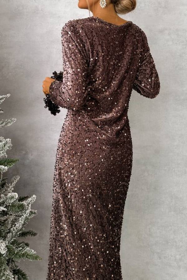 CHOCOLATE SEQUIN MIDI DRESS