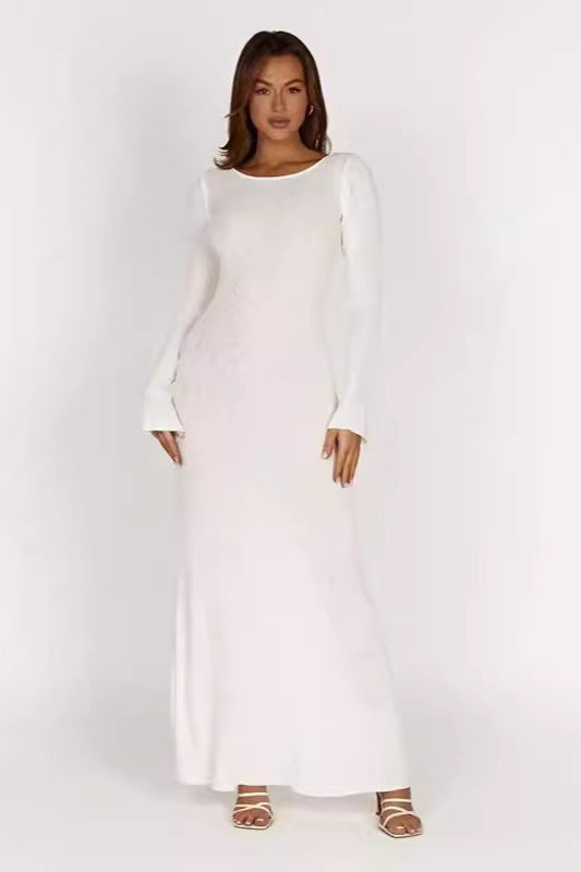 Knit Backless Tie Waist Long Sleeve Bodycon Dress