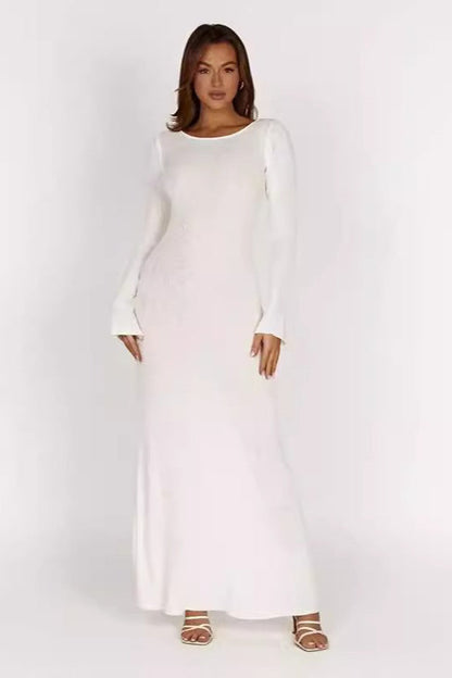 Knit Backless Tie Waist Long Sleeve Bodycon Dress