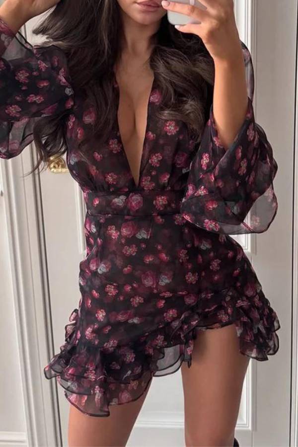 Black Floral Deep V Bell Sleeve Ruffle Hem Sheer Chiffon Bodycon Mini Dress