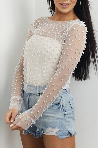 Pearl-Embellished Mesh Long-Sleeved Top