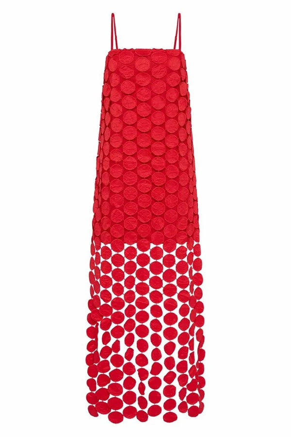 Juju Embroidered Cutout Polka Dots Square Neck Tassel Hem Slip Maxi Dress