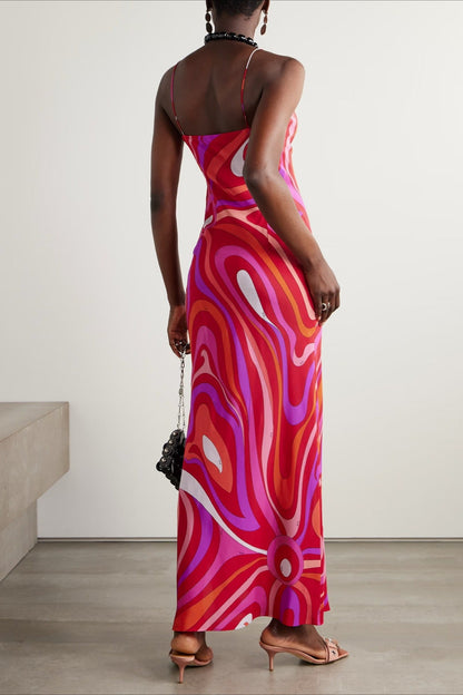 Printed Satin Cami Slit Silk Dress