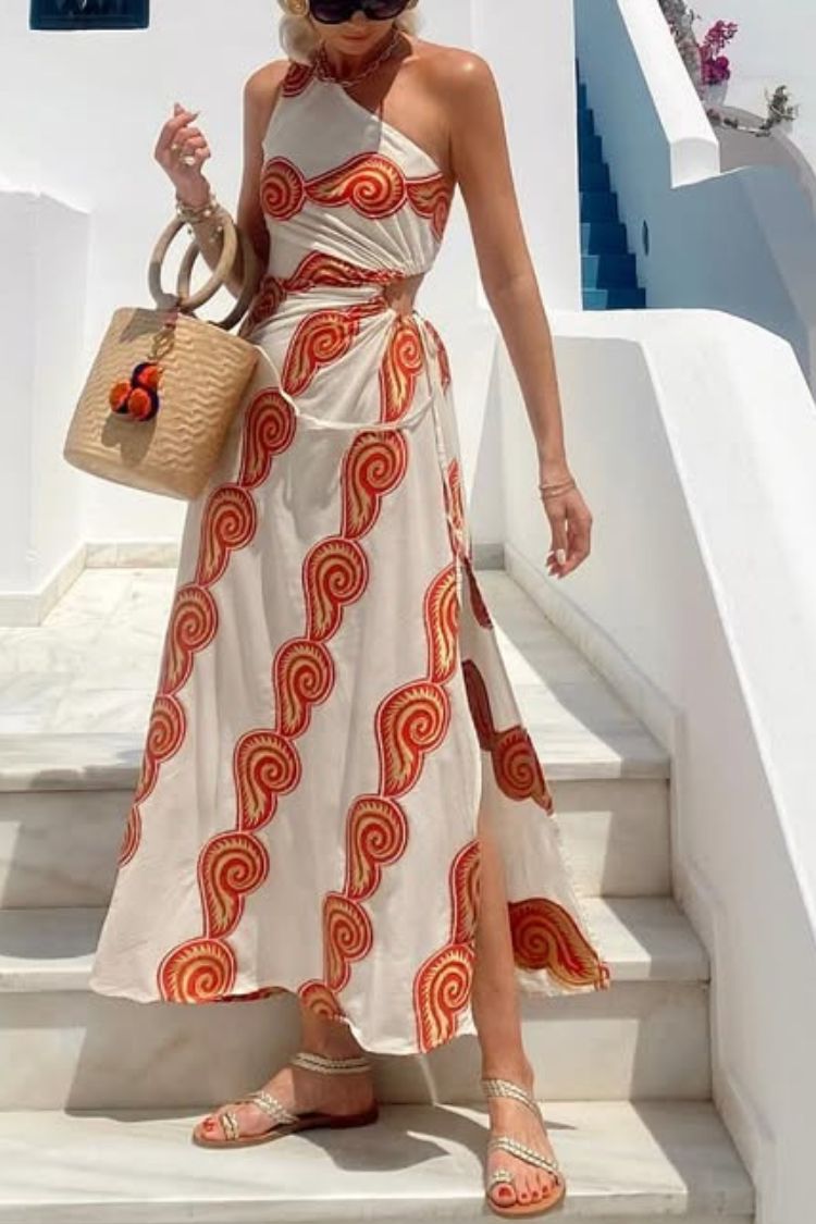 Enjoy A Sunny Linen Blend Shell Print One Shoulder Cutout Waist Tie-up Slit Maxi Dress